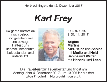 Traueranzeige von Karl Frey von Heidenheimer Zeitung