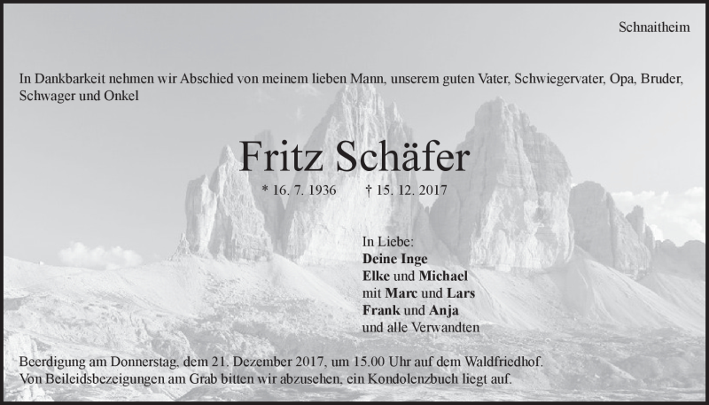  Traueranzeige für Fritz Schäfer vom 19.12.2017 aus Heidenheimer Zeitung