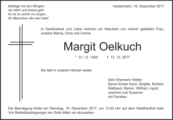 Traueranzeige von Margit Oelkuch von Heidenheimer Zeitung