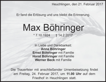 Traueranzeige von Max Böhringer von Heidenheimer Zeitung
