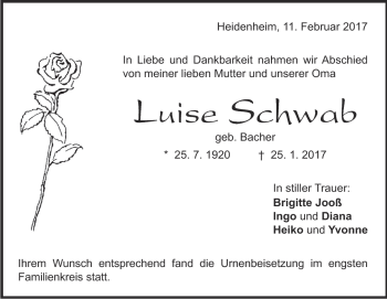 Traueranzeige von Luise Schwab von Heidenheimer Zeitung