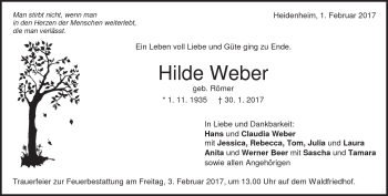 Traueranzeige von Hilde Weber von Heidenheimer Zeitung