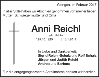 Traueranzeige von Anni Reichl von Heidenheimer Zeitung