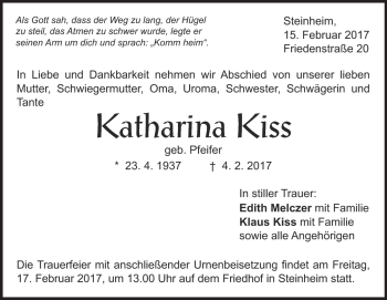 Traueranzeige von Katharina  Kiss von Heidenheimer Zeitung