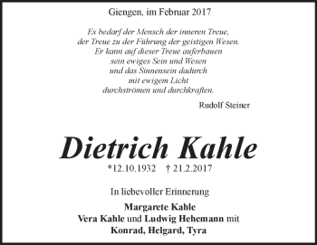 Traueranzeige von Dietrich  Kahle von Heidenheimer Zeitung