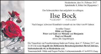 Traueranzeige von Ilse Bock von Heidenheimer Zeitung