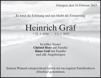 Traueranzeige von Heinrich Gräf von Heidenheimer Zeitung