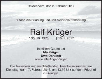 Traueranzeige von Ralf Krüger von Heidenheimer Zeitung