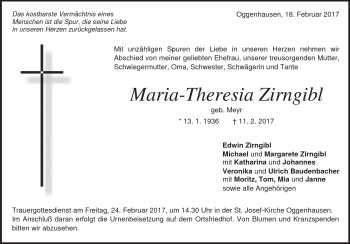 Traueranzeige von Maria-Theresia Zirngibl von Heidenheimer Zeitung