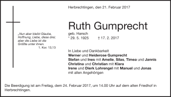 Traueranzeige von Ruth Gumprecht von Heidenheimer Zeitung