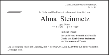 Traueranzeige von Alma Steinmetz von Heidenheimer Zeitung