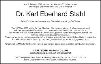 Traueranzeige von Eberhard Stahl von Heidenheimer Zeitung
