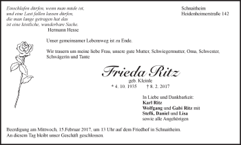 Traueranzeige von Frieda Ritz von Heidenheimer Zeitung