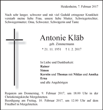 Traueranzeige von Antonie Kläb von Heidenheimer Zeitung