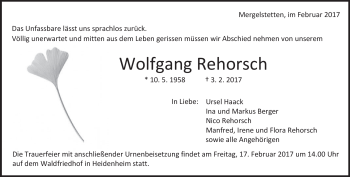 Traueranzeige von Wolfgang Rehorsch von Heidenheimer Zeitung