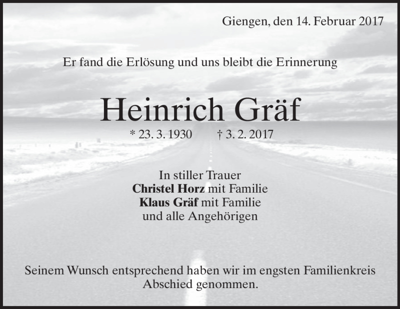  Traueranzeige für Heinrich Gräf vom 14.02.2017 aus Heidenheimer Zeitung