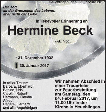 Traueranzeige von Hermine Beck 
