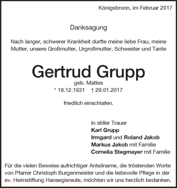 Traueranzeige von Gertrud Grupp von Heidenheimer Zeitung