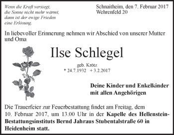 Traueranzeige von Ilse Schlegel von Heidenheimer Zeitung