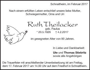Traueranzeige von Ruth Theilacker von Heidenheimer Zeitung