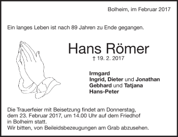 Traueranzeige von Johannes Römer von Heidenheimer Zeitung