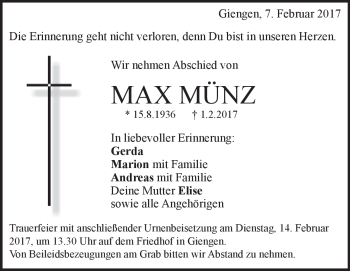 Traueranzeige von Max Münz von Heidenheimer Zeitung