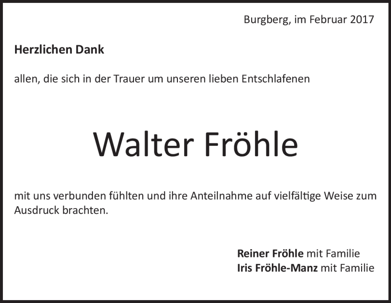  Traueranzeige für Walter Fröhle vom 15.02.2017 aus Heidenheimer Zeitung