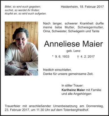 Traueranzeige von Anneliese Maier von Heidenheimer Zeitung