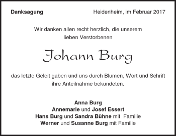 Traueranzeige von Johann Burg von Heidenheimer Zeitung