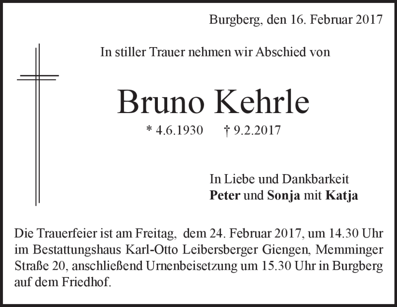  Traueranzeige für Bruno Kehrle vom 16.02.2017 aus Heidenheimer Zeitung