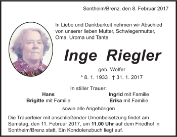 Traueranzeige von Inge Riegler von Heidenheimer Zeitung