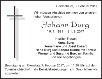Traueranzeige von Johann Burg von Heidenheimer Zeitung
