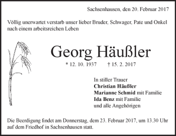 Traueranzeige von Georg Häußler von Heidenheimer Zeitung