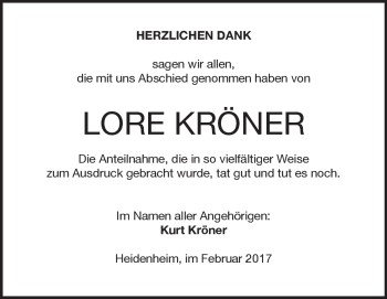 Traueranzeige von Lore  Kröner von Heidenheimer Zeitung