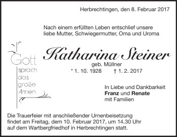 Traueranzeige von Katharina Steiner von Heidenheimer Zeitung