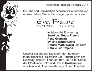 Traueranzeige von Eva Freund von Heidenheimer Zeitung