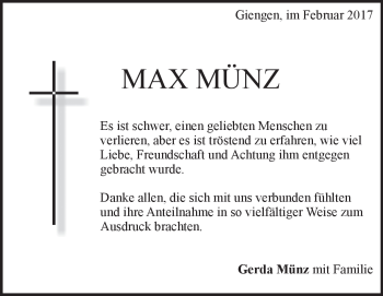 Traueranzeige von Max Münz von Heidenheimer Zeitung