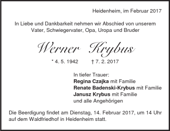 Traueranzeige von Werner Krybus von Heidenheimer Zeitung