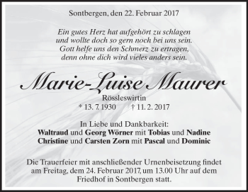 Traueranzeige von Marie-Luise Maurer von Heidenheimer Zeitung
