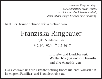 Traueranzeige von Franziska Ringbauer von Heidenheimer Zeitung