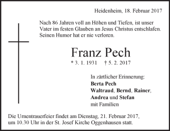 Traueranzeige von Franz Pech von Heidenheimer Zeitung