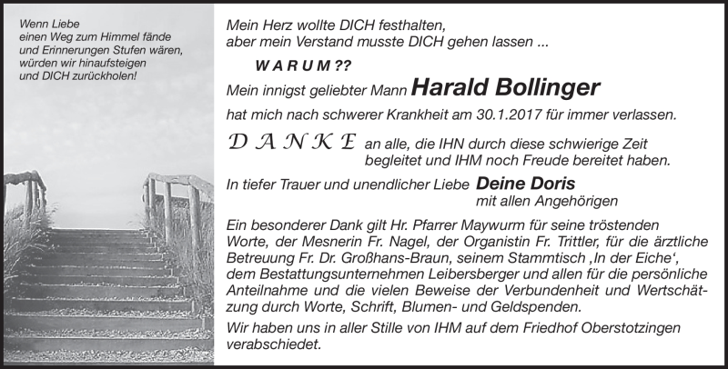  Traueranzeige für Harald Bollinger vom 11.02.2017 aus Heidenheimer Zeitung
