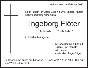 Traueranzeige von Ingeborg Flöter von Heidenheimer Zeitung