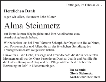 Traueranzeige von Alma Steinmetz von Heidenheimer Zeitung