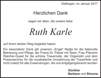 Traueranzeige von Ruth Karle von Heidenheimer Zeitung