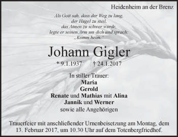 Traueranzeige von Johann Gigler von Heidenheimer Zeitung