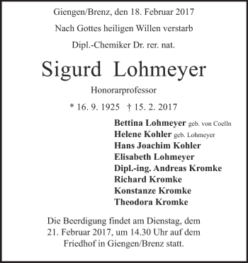 Traueranzeige von Sigurd Lohmeyer von Heidenheimer Zeitung
