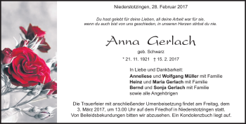 Traueranzeige von Anna Gerlach von Heidenheimer Zeitung
