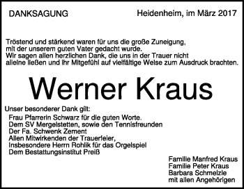 Traueranzeige von Werner Kraus von Heidenheimer Zeitung