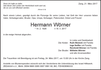Traueranzeige von Hermann Wörner von Heidenheimer Zeitung